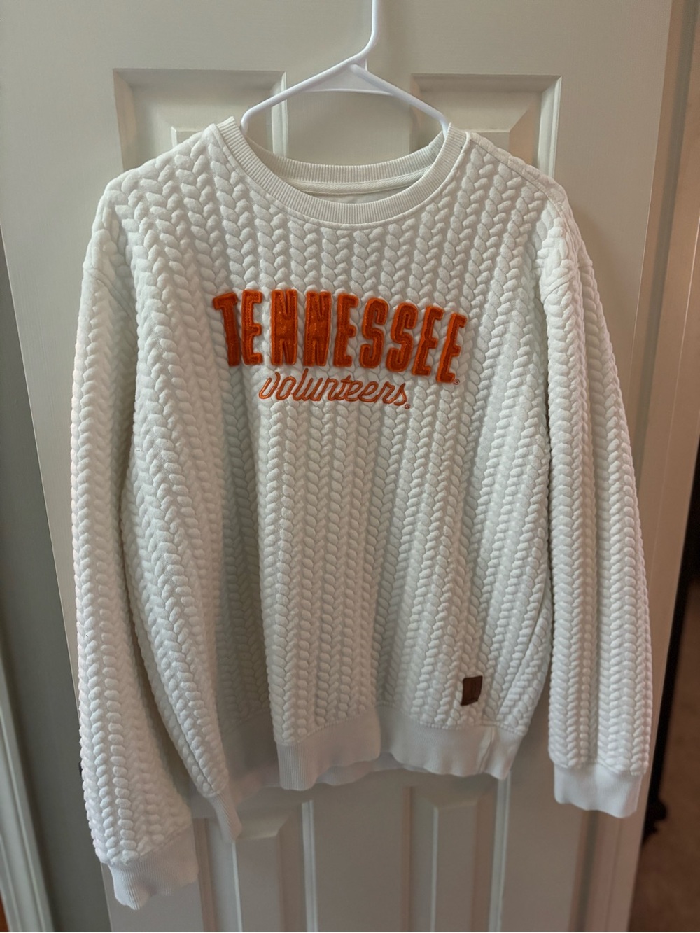 Pressbox White Knit Crewneck with Orange Tennessee Embroidery